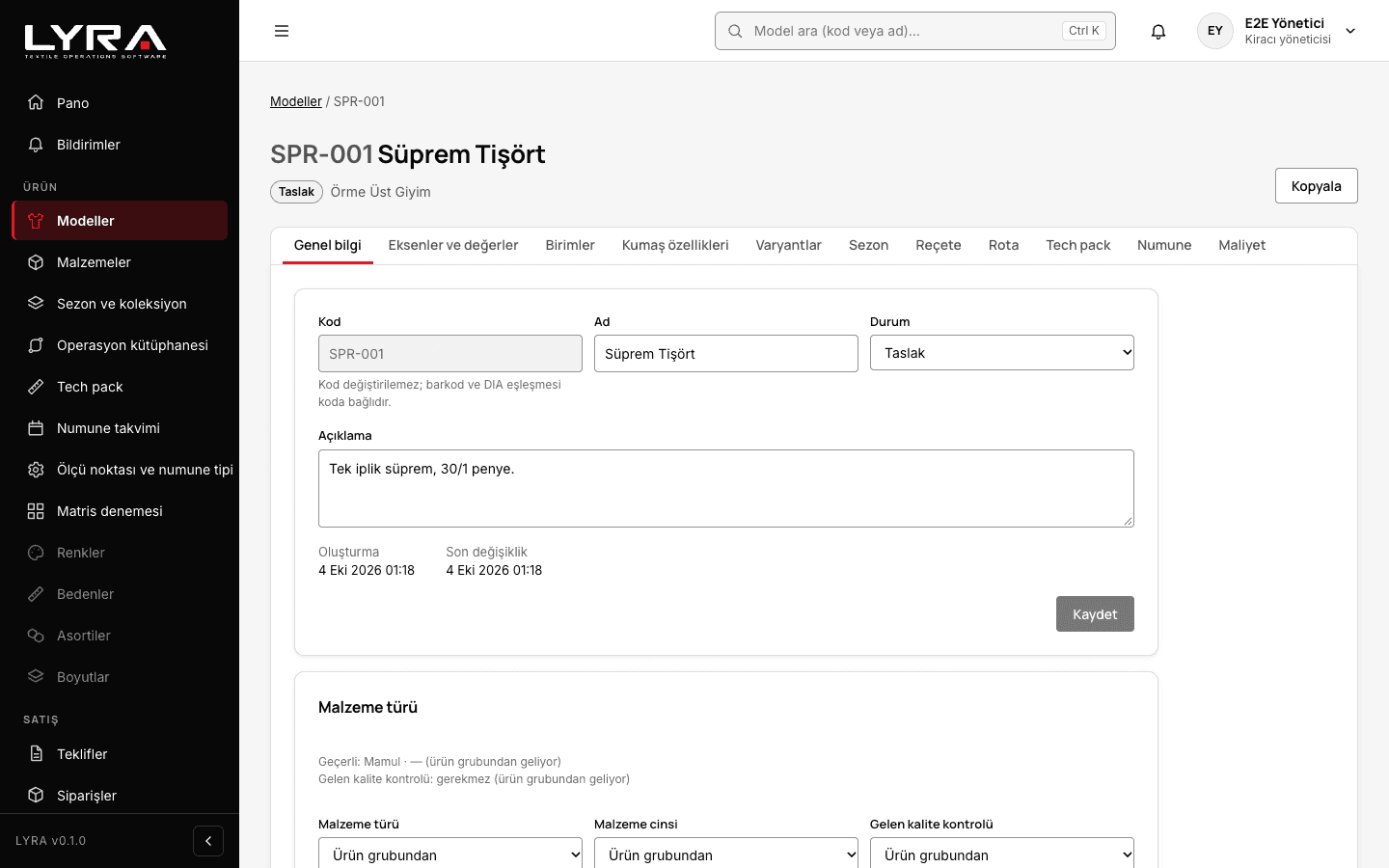 Lyra tekstil operasyon yönetim sistemi model ekranı